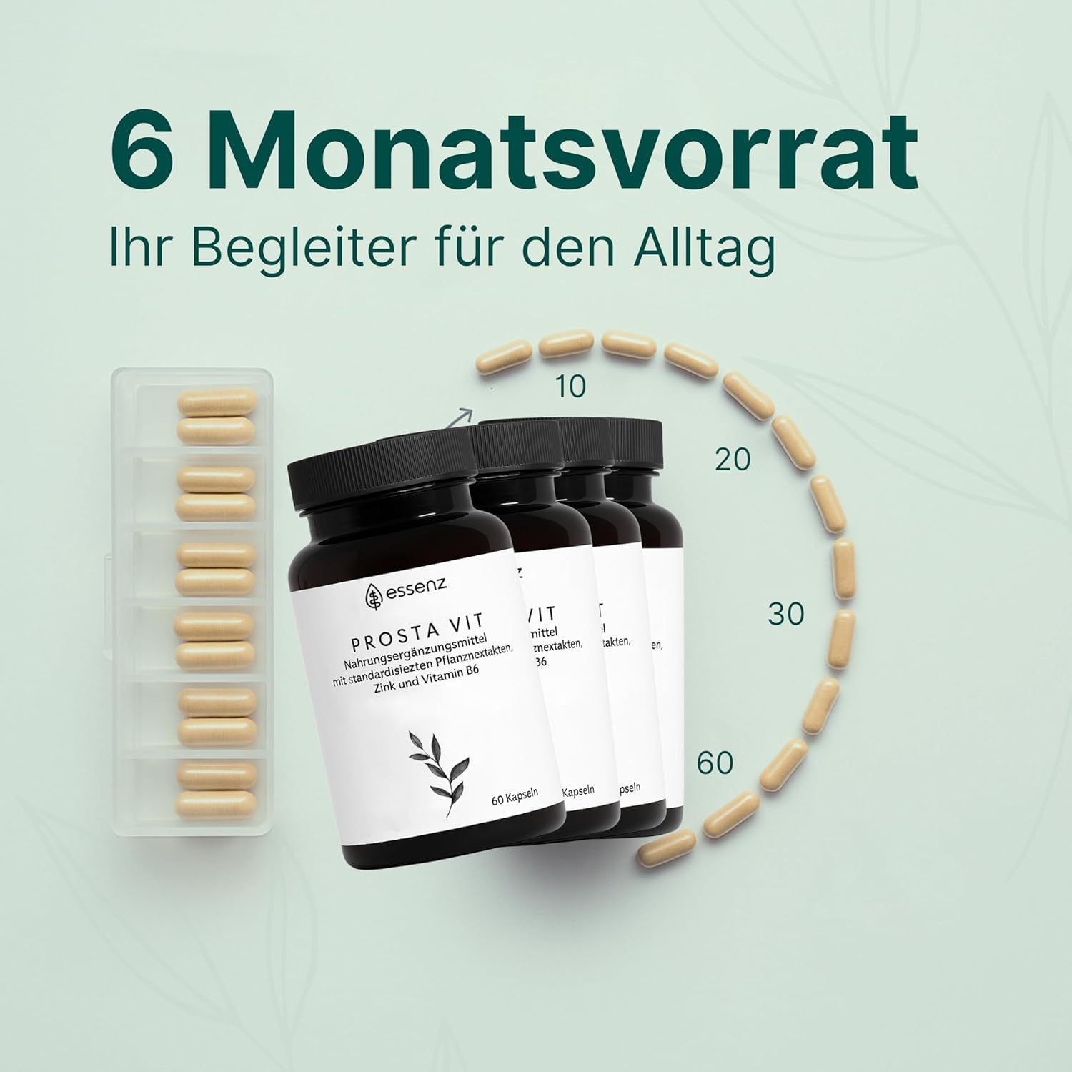 Drei Flaschen mit Kapseln, eine Packung Kapseln. Text: 6 Monatsvorrat.