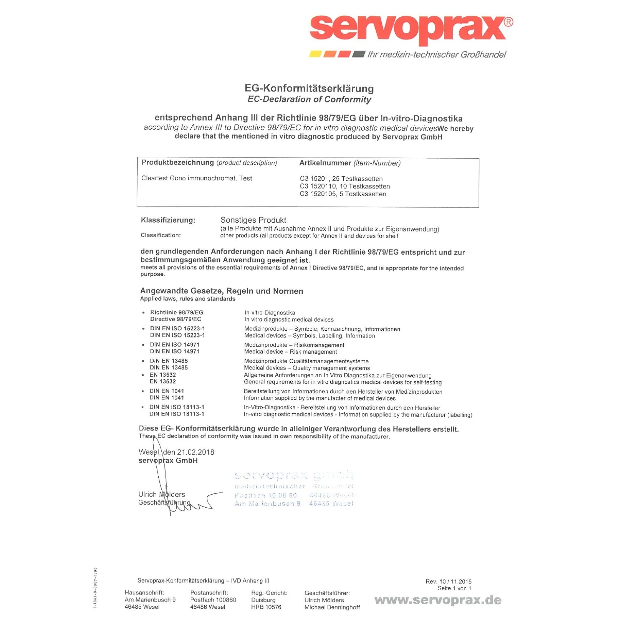 Kartonverpackung für Cleartest® Gono. Enthält 10 Test-Sets. Produktname und Herstellerinformationen sind deutlich sichtbar.