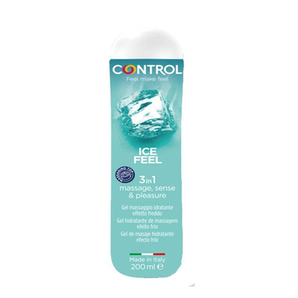 Türkisgrüne Flasche mit weißem Deckel. Aufschrift: CONTROL, ICE FEEL, 3in1. Gel für Massage, Sinnlichkeit & Vergnügen. Hergestellt in Italien.