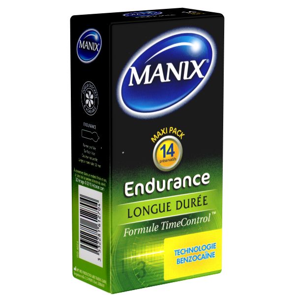 Schwarze Verpackung mit Manix-Logo und Produktbezeichnung Endurance Longue Durée. Enthält 14 Kondome.