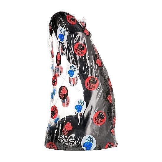 Schwarzer, gebogener Dildo in transparenter Verpackung. Aufdrucke mit Logo und Schriftzug "ALL BLACK".