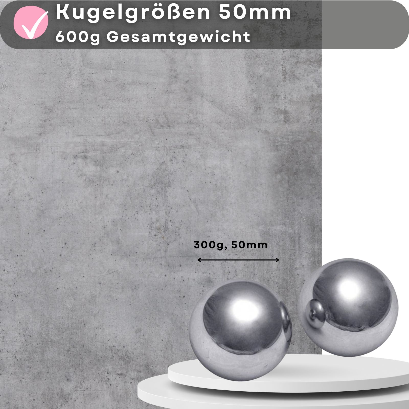 Zwei metallische Kugeln. Text: Kugelgrößen 50mm, 600g Gesamtgewicht. Paar liegt auf einer Oberfläche.