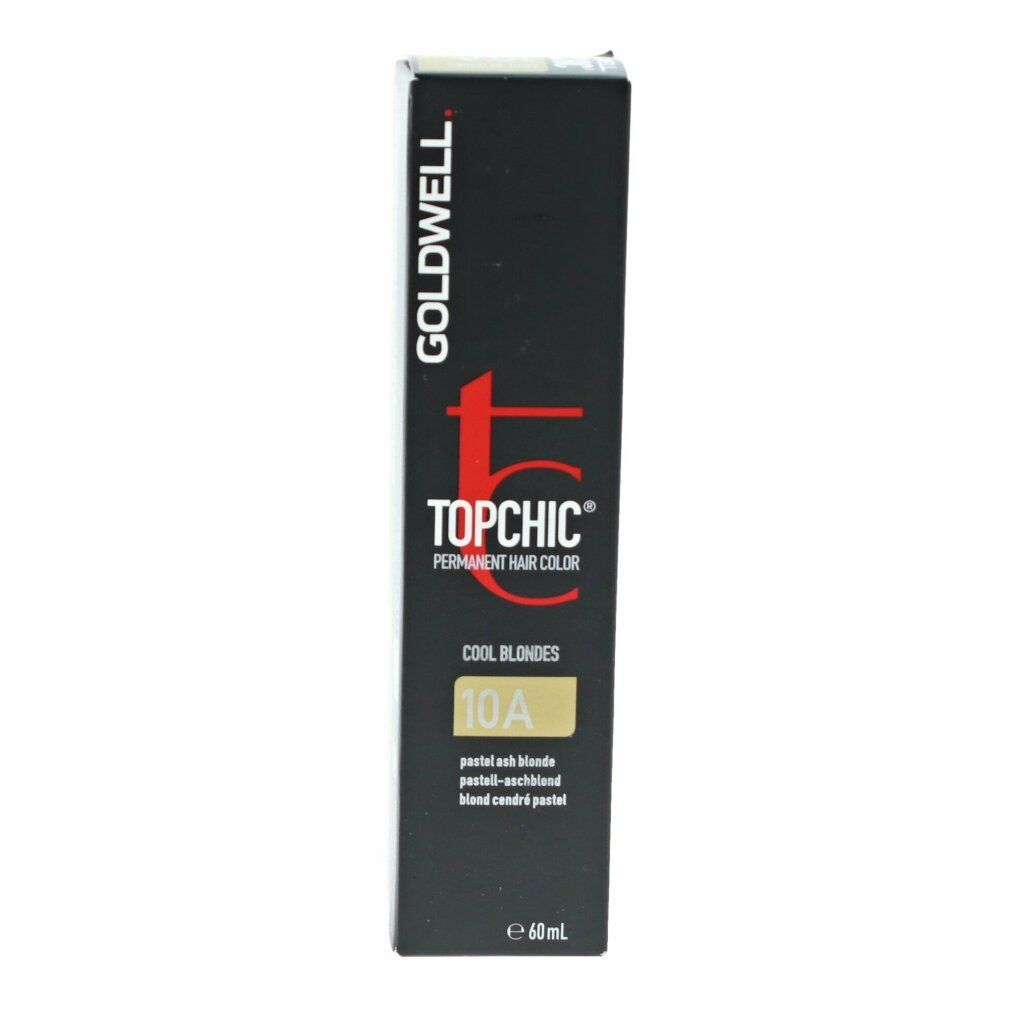 Goldwell Topchic Haarfarbe Packung. Schwarz mit Produktinformationen. "10A" und "pastell-aschblond" sind sichtbar.