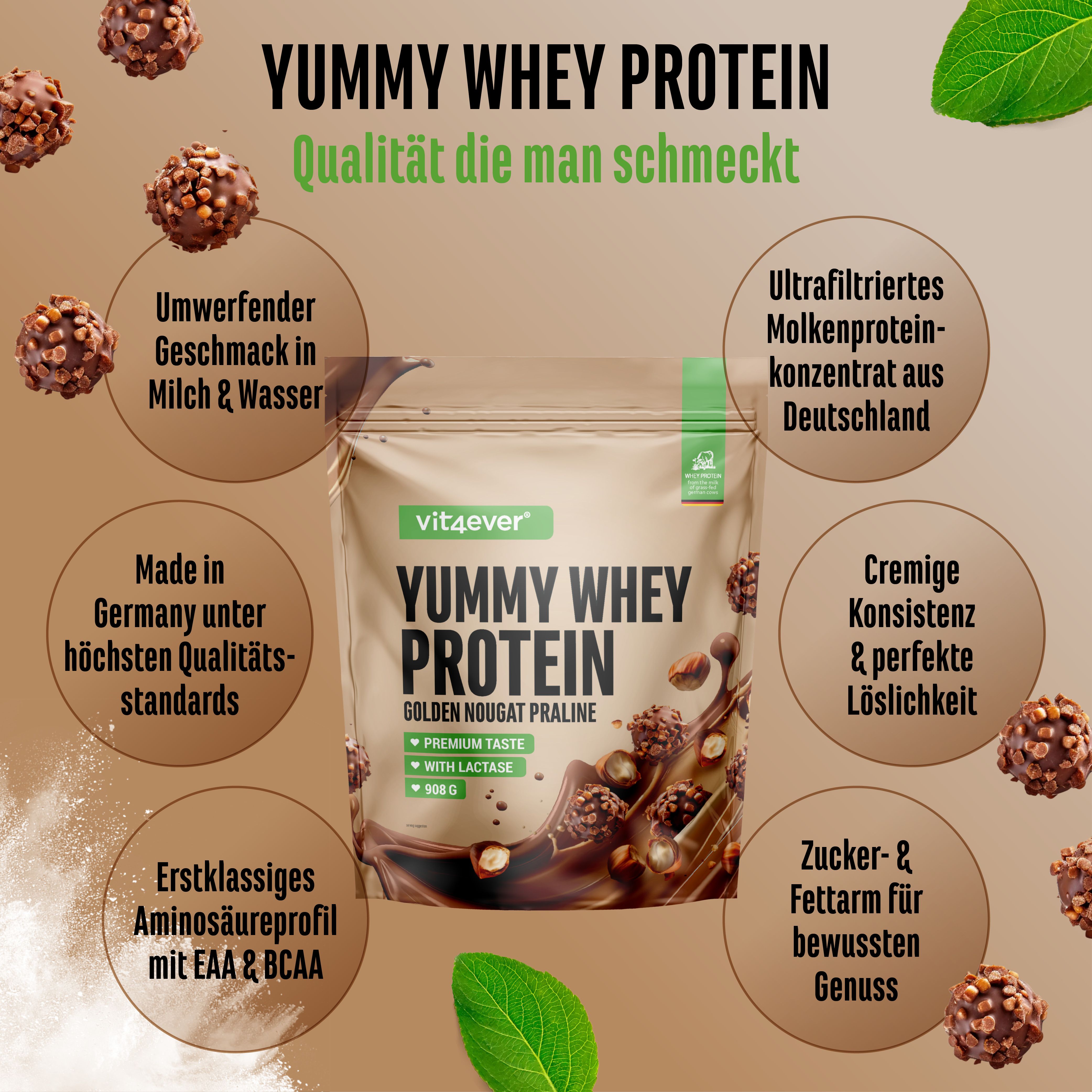 Produktabbildung von "Yummy Whey Protein" von vit4ever. Text: "Golden Nougat Praline". Zusätzliche Informationen in Kreisen.