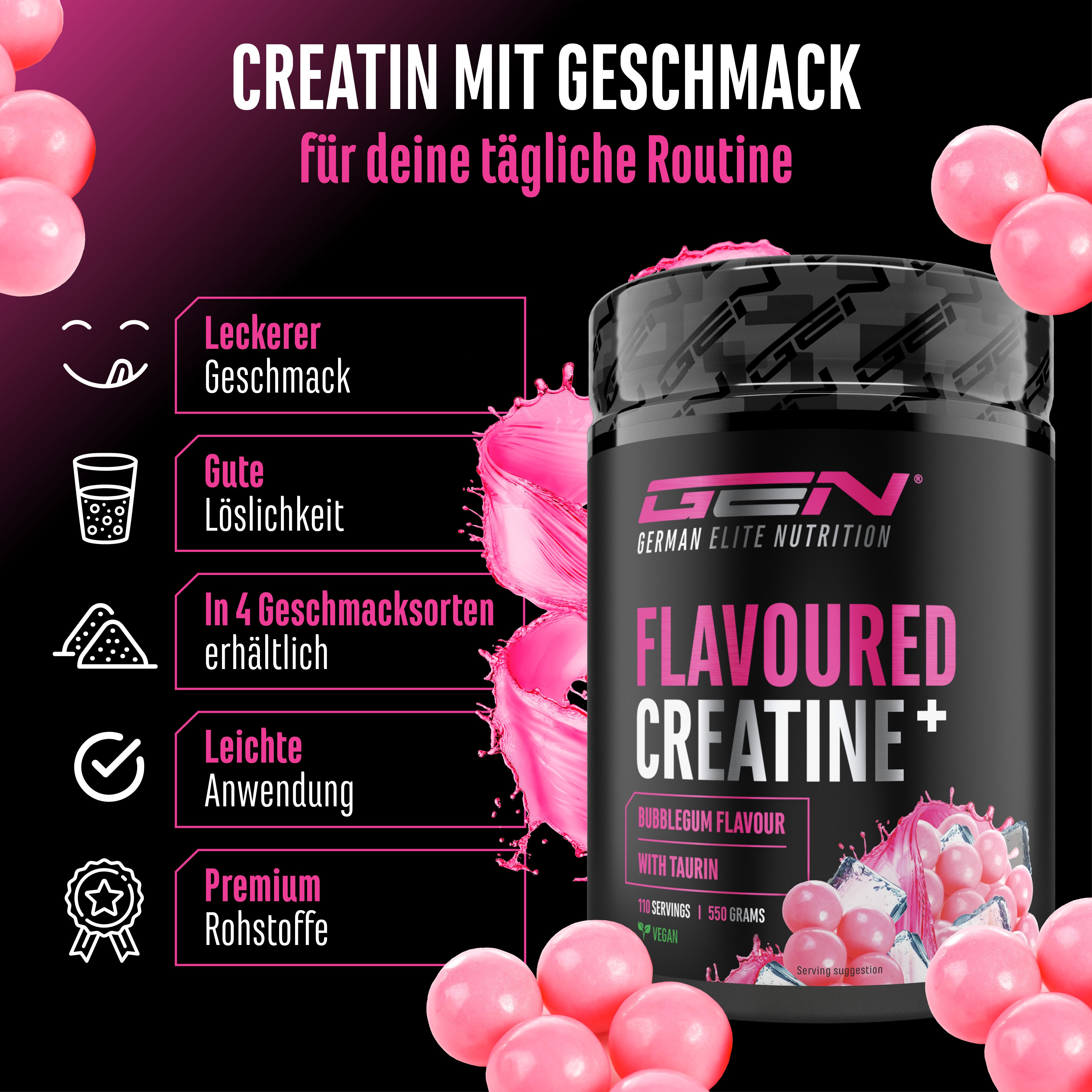 Dose GEN Flavoured Creatine+. Bubblegum-Geschmack, mit Taurin. Vorteile: leckerer Geschmack, gute Löslichkeit, 4 Geschmacksrichtungen, einfache Anwendung.