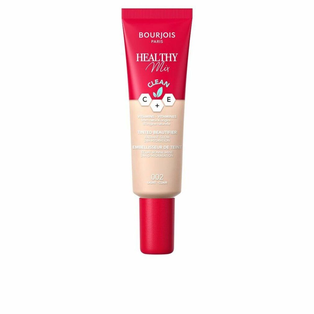 Bourjois Healthy Mix Beautifier. Tube mit rotem Deckel. Farbton 002. Text: Clean, C+E Vitamine.