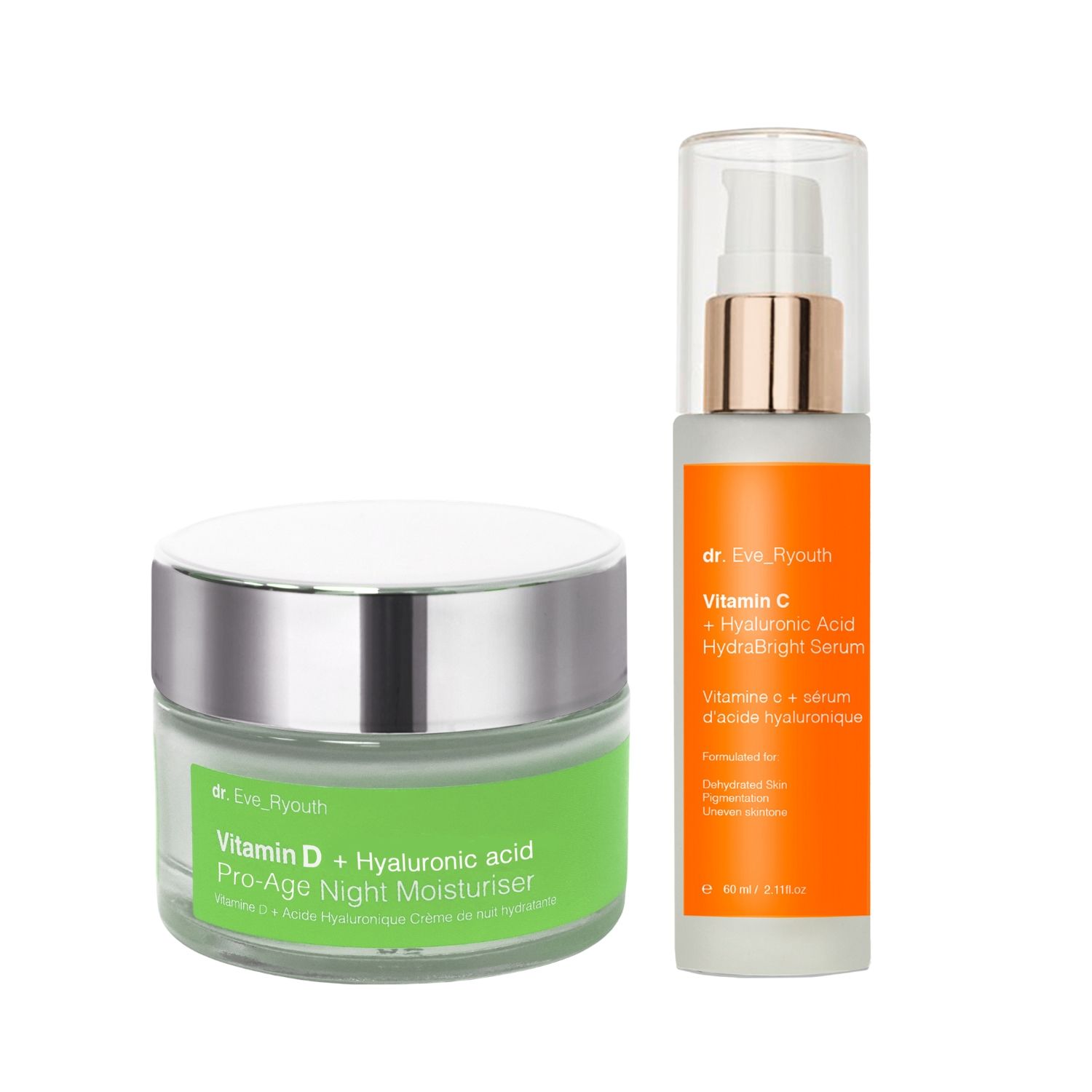Creme-Glas mit Deckel und Serum-Flasche mit Pumpe. Beschriftung: Dr. Eve_Ryouth. Beide Produkte haben grüne und orangefarbene Etiketten.