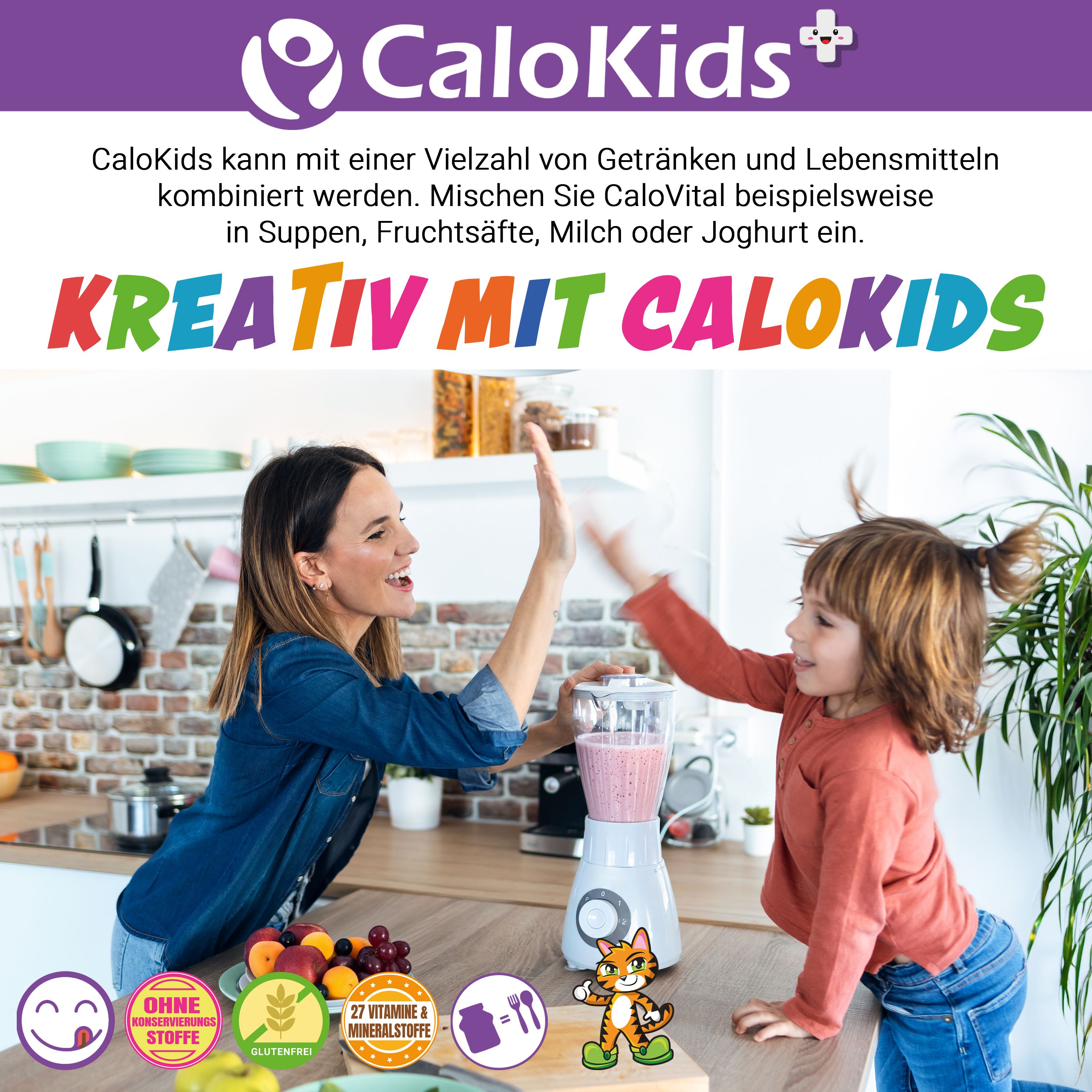 Mutter und Kind mixen Getränk. CaloKids-Logo, Text: kreativ mit CaloKids, kann mit Lebensmitteln kombiniert werden.