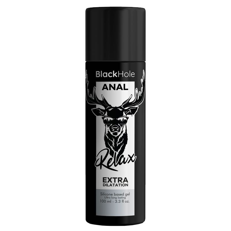 Schwarze Flasche mit Aufschrift Black Hole, Anal, Relax, Extra Dilatation. Enthält Silikongel. 100 ml.