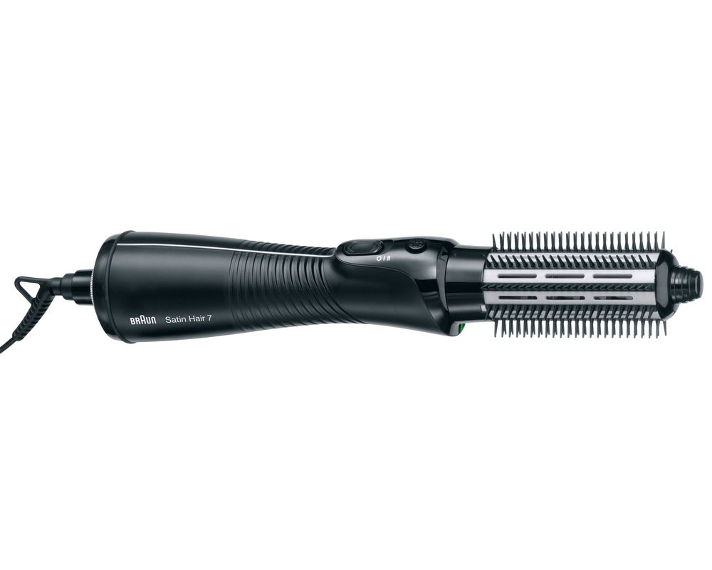 Schwarze elektrische Bürste mit Bürstenaufsatz. Auf dem Griff steht "Braun Satin Hair 7".