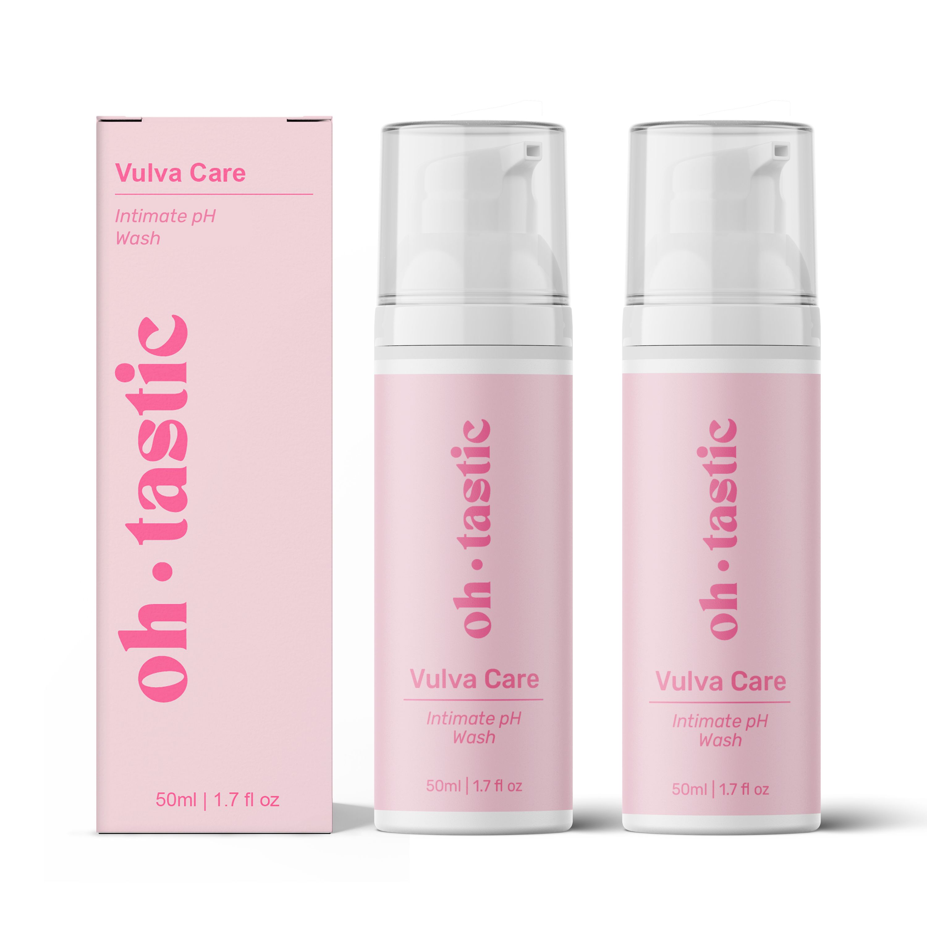 Drei rosa Flaschen und eine Verpackung mit dem Logo „oh.tastic“. Auf den Flaschen steht „Vulva Care Intimate pH Wash“.