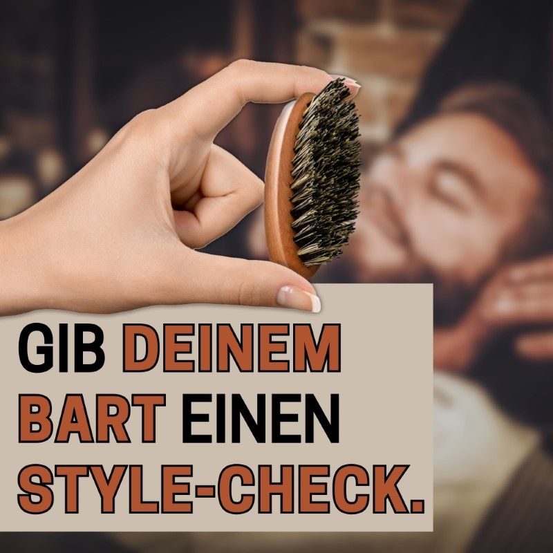 Hand hält Bartbürste. Text: "Gib deinem Bart einen Style-Check." Im Hintergrund ein verschwommener Mann mit Bart.