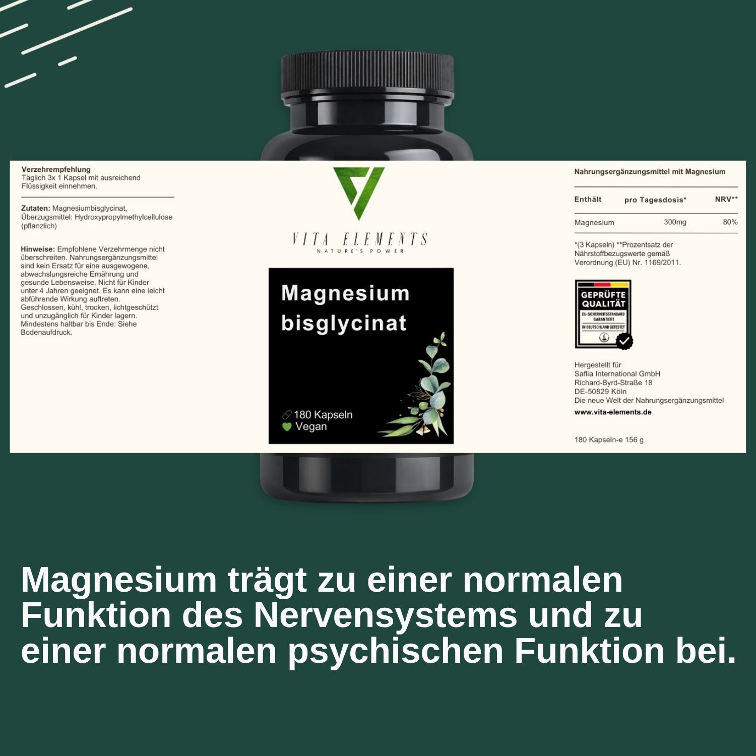 Vita Elements Magnesiumbisglycinat Dose mit Etikett: 180 Kapseln, vegan, mit Siegel 'Geprüfte Qualität'.