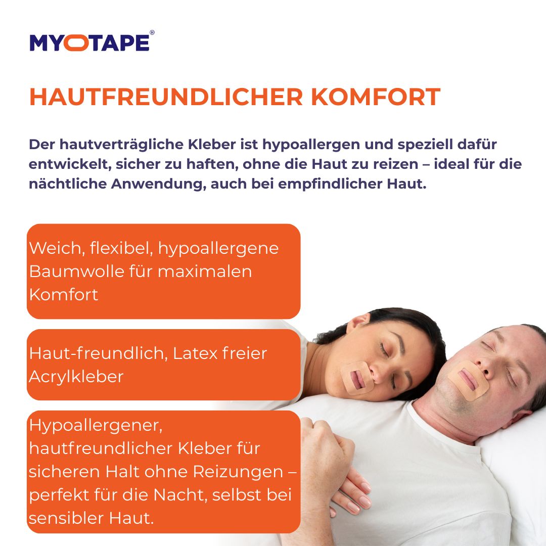 Zwei Personen liegen im Bett. Auf ihren Mündern sind beige Pflaster. Text: hautfreundlicher Komfort, hypoallergen.