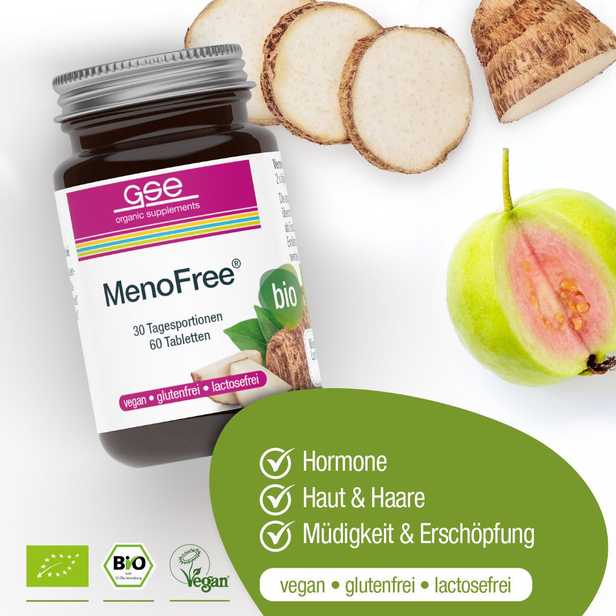 Braune Tablettenflasche mit lila Etikett. Text: MenoFree bio, 30 Tagesportionen, 60 Tabletten. Vegan, glutenfrei, laktosefrei. Bio-Siegel.