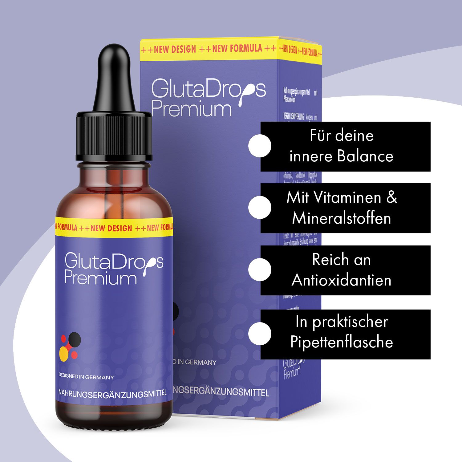 Braune Glasflasche mit Pipette und lila Etikett. Aufschrift: GlutaDrops Premium. Daneben eine lila Schachtel mit Text: Für deine innere Balance, Mit Vitaminen & Mineralstoffen.