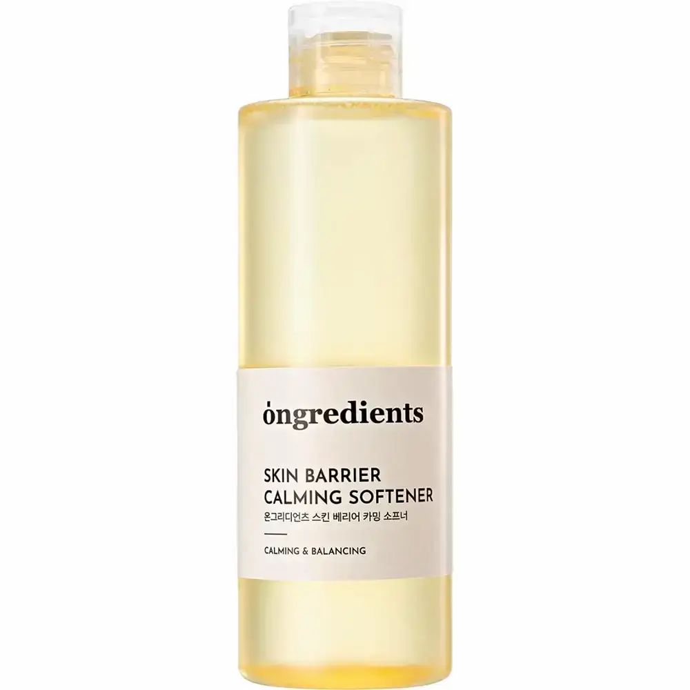 Klare Flasche mit gelblicher Flüssigkeit. Aufkleber mit Produktnamen und Marke: ONGREDIENTS Skin Barrier Calming Softener.