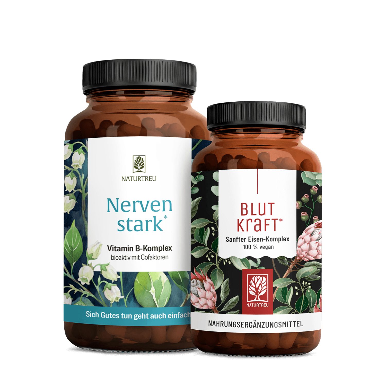 Zwei NATURTREU® Flaschen: Nerven stark (Vitamin B-Komplex) und BLUTKRAFT (Eisen-Komplex).