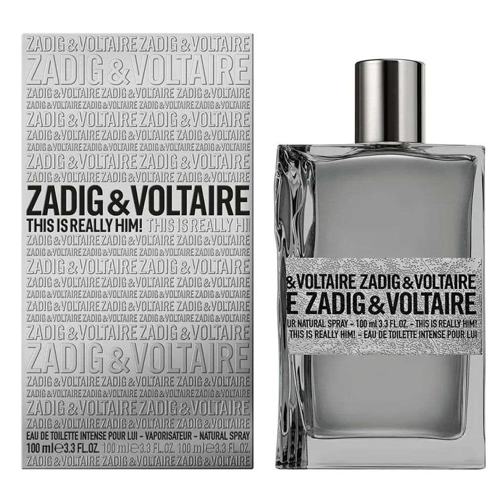 Grauer Flakon und Schachtel. Aufschrift: Zadig & Voltaire, This Is Really Him! EdT Intense. Flakon mit silbernem Verschluss.