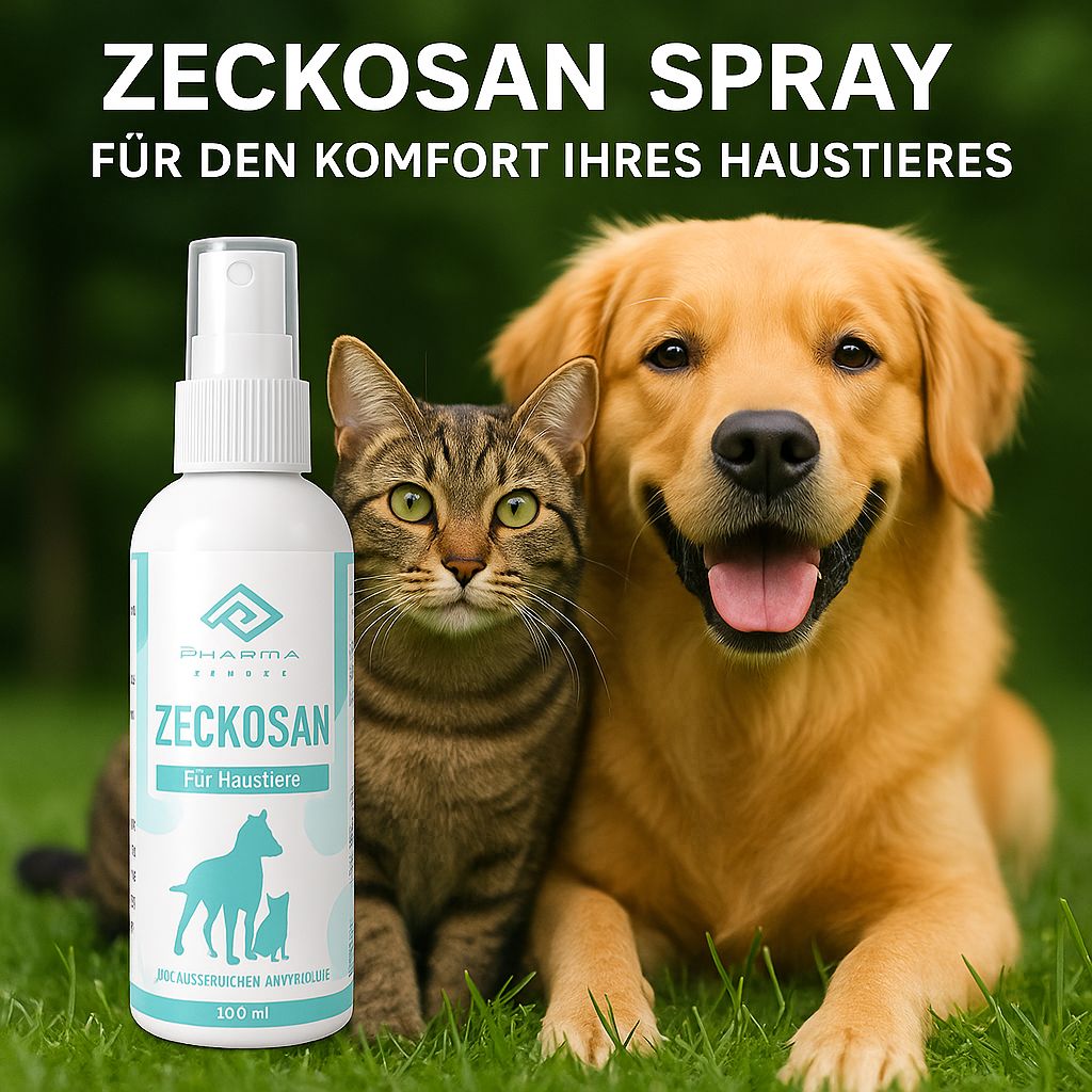 Zeckosan-Spray-Flasche neben Katze und Hund im Gras. Etikett mit Logo und Text.