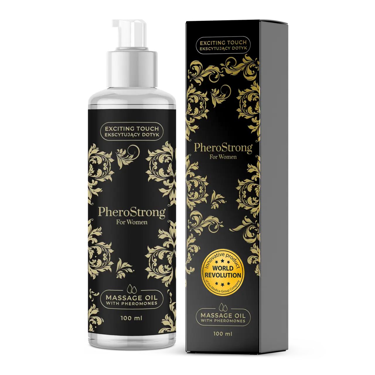 Massageöl-Flasche und -Verpackung. Schwarzes Design mit goldenen Verzierungen. Aufschrift: PheroStrong für Frauen, Massageöl mit Pheromonen.