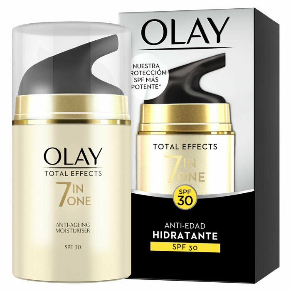 Olay Total Effects 7 in One Anti-Ageing Moisturiser. Creme-Spender mit schwarzem Deckel und goldfarbenem Ring. Verpackung mit Produktabbildung.