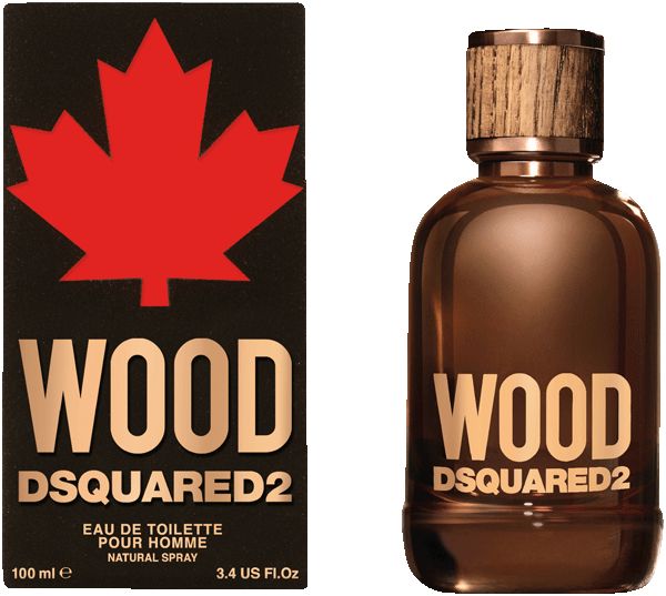 Dsquared2 Wood Eau de Toilette Flakon und Verpackung mit rotem Ahornblatt.