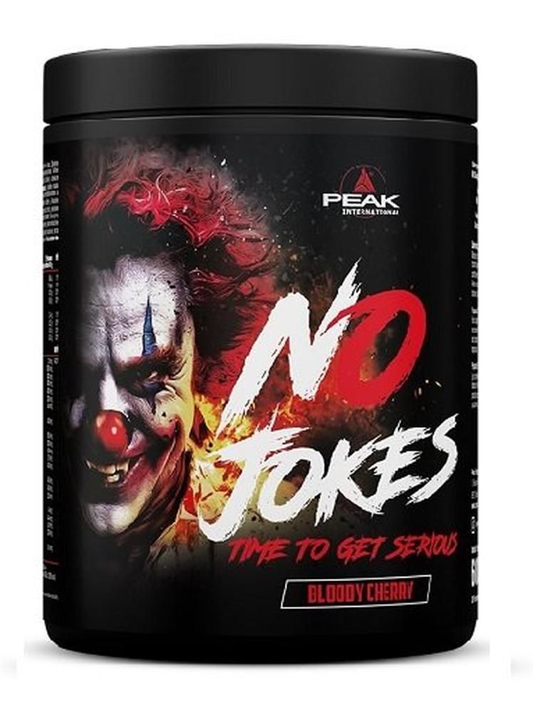 PEAK No Jokes Bloody Cherry Nahrungsergänzungsmittel in schwarzer Dose mit Clown-Grafik und Text.