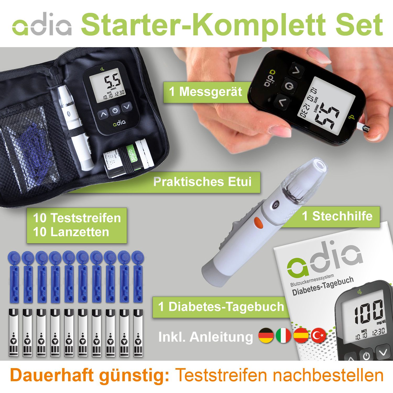 adia Blutzuckermessgerät-Set (mmol/L) zur Blutzucker-Kontrolle bei Diabetes