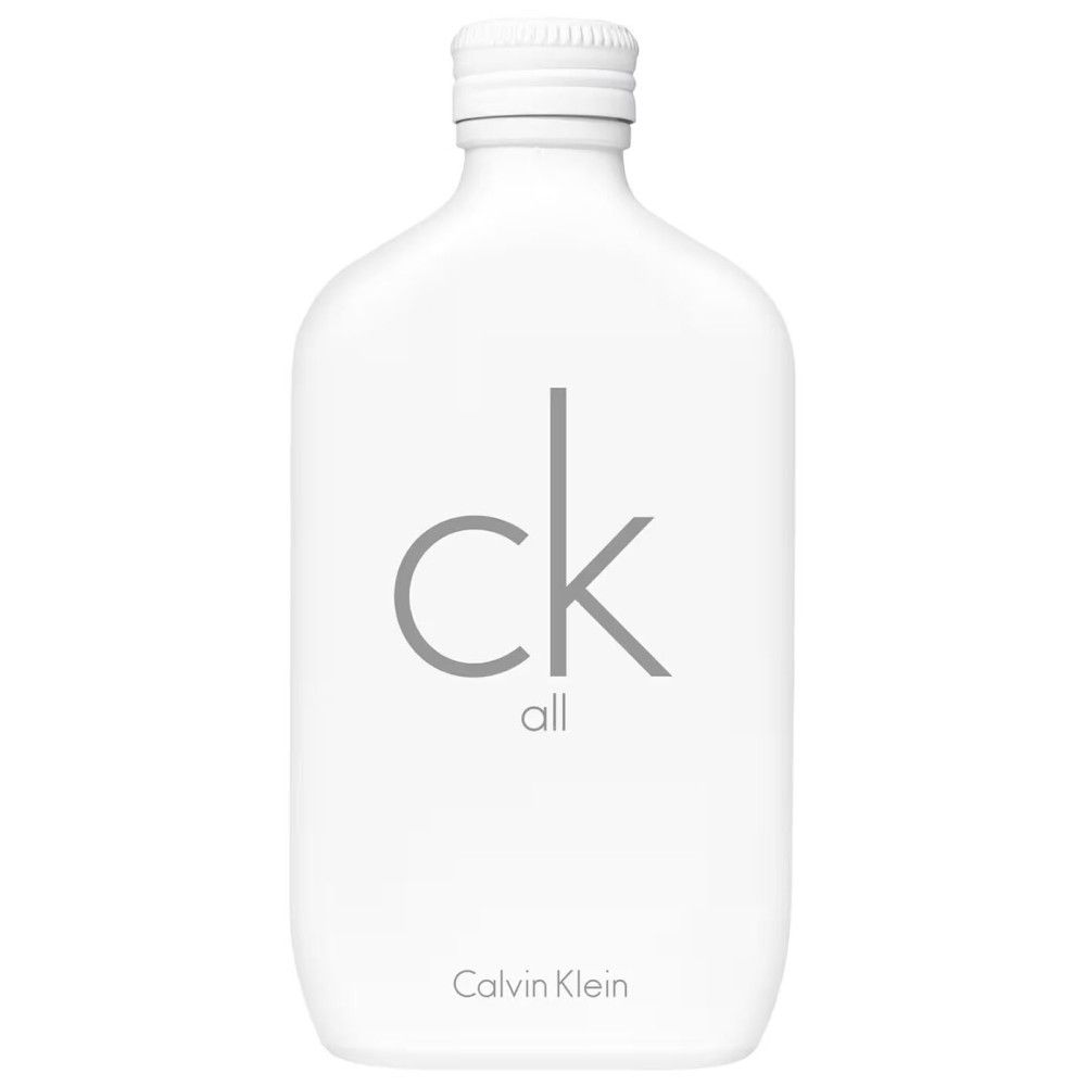 Weißes Parfumflakon mit "ck all"-Schriftzug und "Calvin Klein". Flakon mit Schraubverschluss.