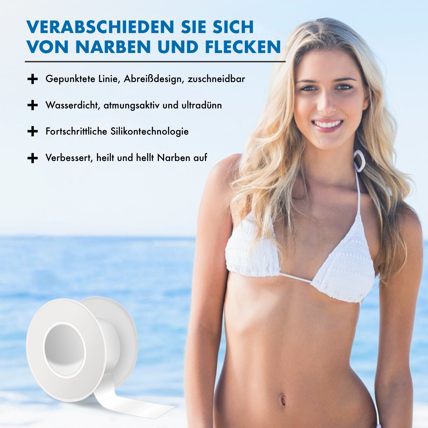 Frau am Strand mit Produktrolle. Text: Verabschieden Sie sich von Narben und Flecken. Vorteile des Produkts.