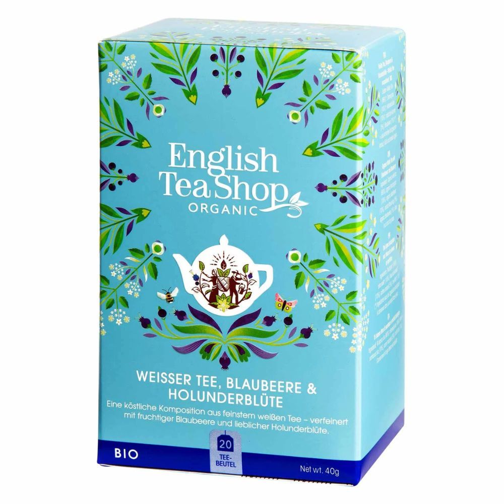 Hellblaue Teebox mit floralem Muster und Schriftzug. Enthält 20 Teebeutel. Aufschrift: Weißer Tee, Blaubeere & Holunderblüte.