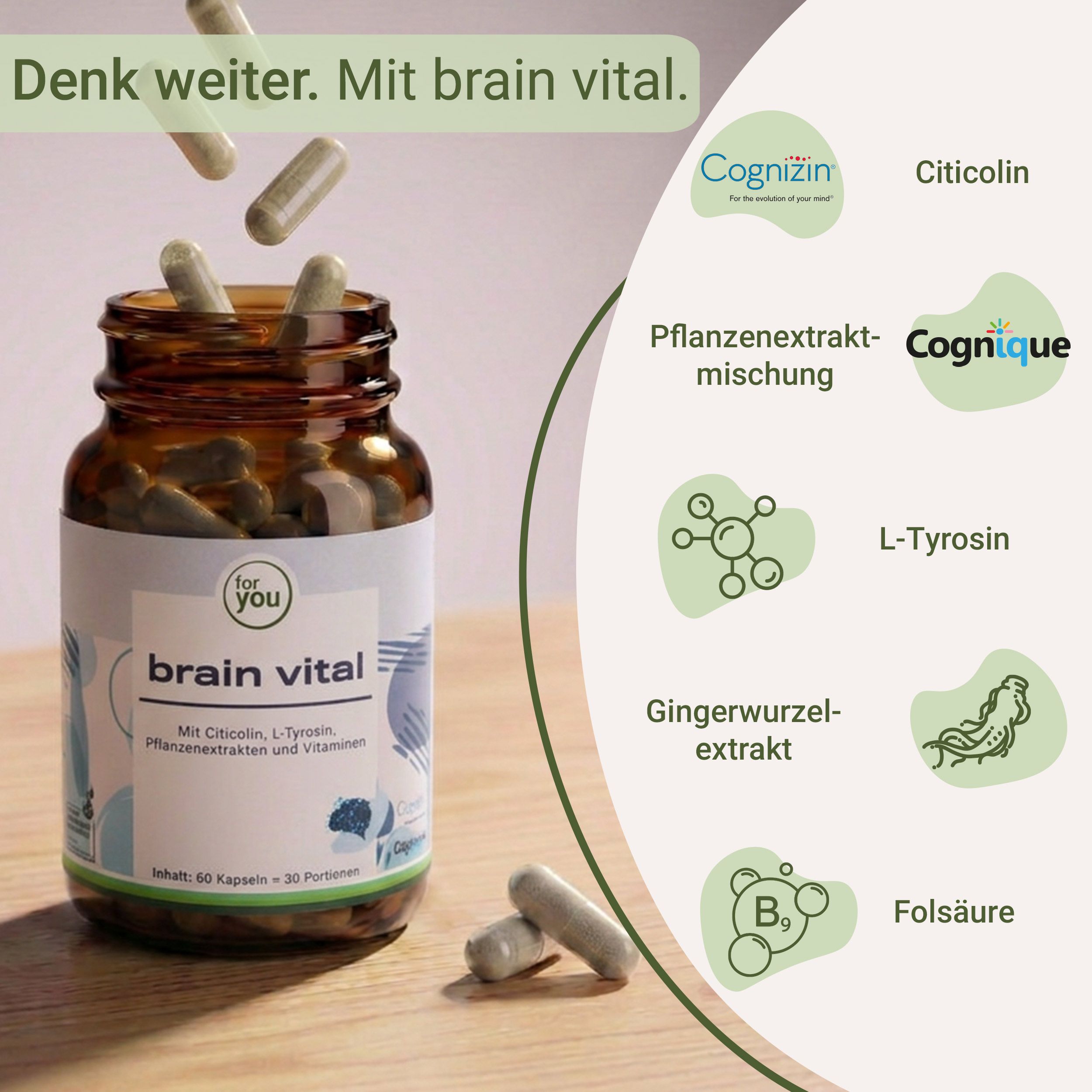 Brain Vital Flasche mit Kapseln und Liste der Inhaltsstoffe.