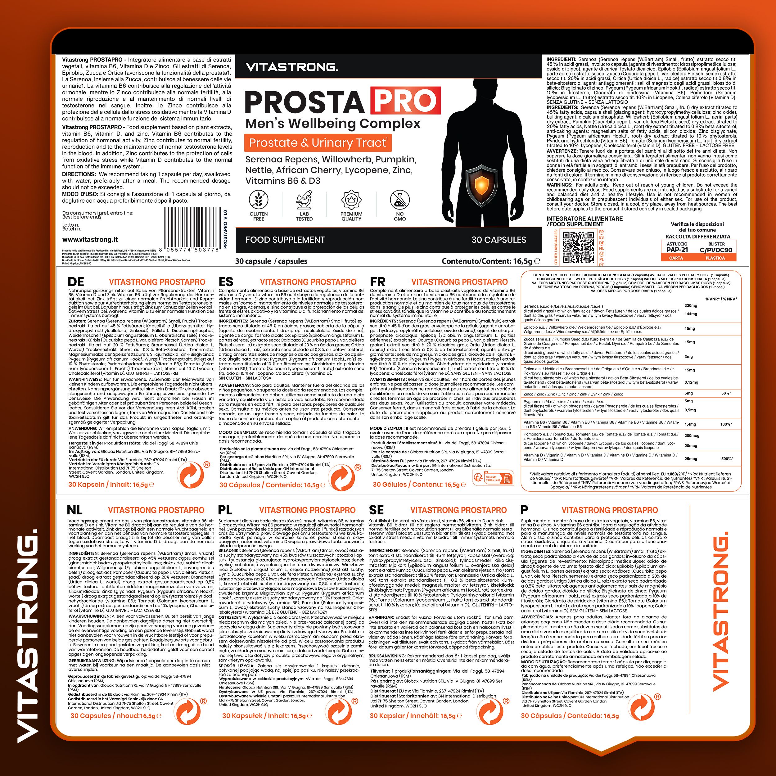 Rückseite der Vitastrong Prosta Pro Packung. Mehrsprachige Texte. Enthält Informationen zu Inhaltsstoffen und Anwendung.