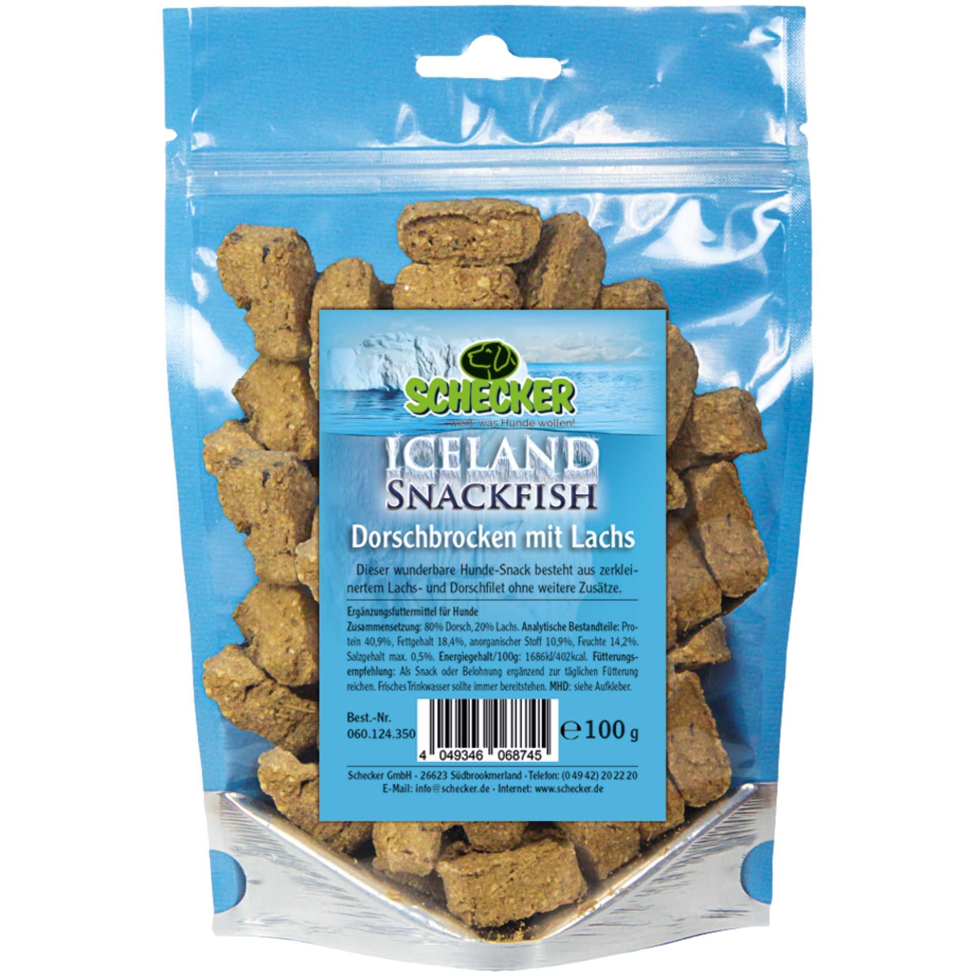 Verpackung mit Hundefutterbrocken. Transparente Tüte mit Produktinformationen. Blaue Verpackung mit Text.