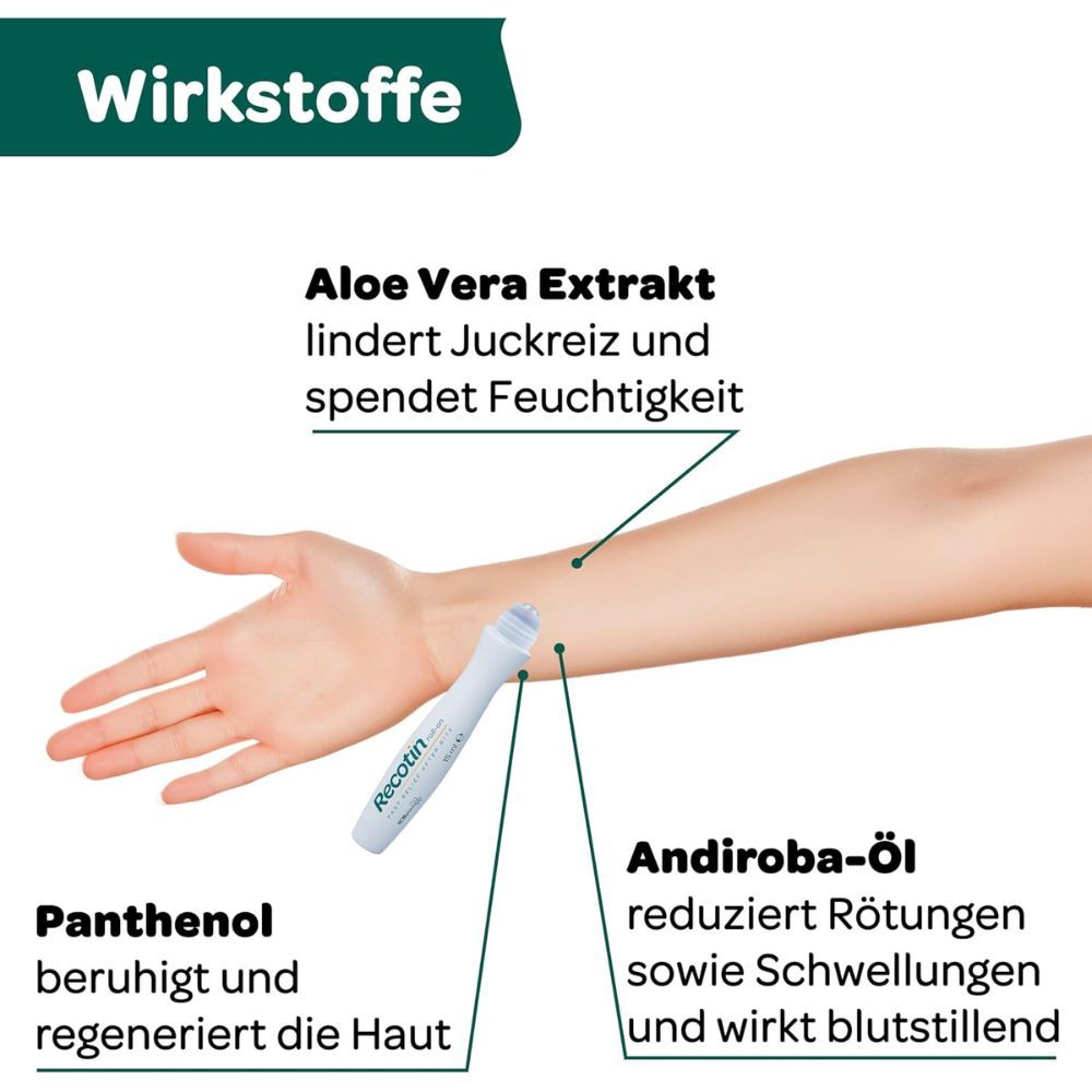 Arm mit Produkt. Text: Aloe Vera Extrakt, lindert Juckreiz und spendet Feuchtigkeit. Andiroba-Öl reduziert Rötungen. Panthenol beruhigt.