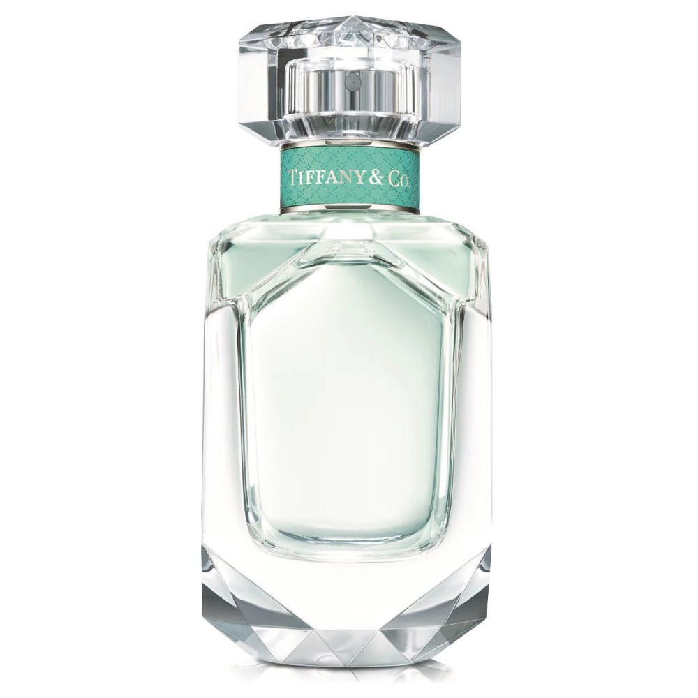 Glasflakon Tiffany & Co. mit facettiertem Boden und Deckel. Türkisfarbenes Band mit Logo. Transparente Flüssigkeit.