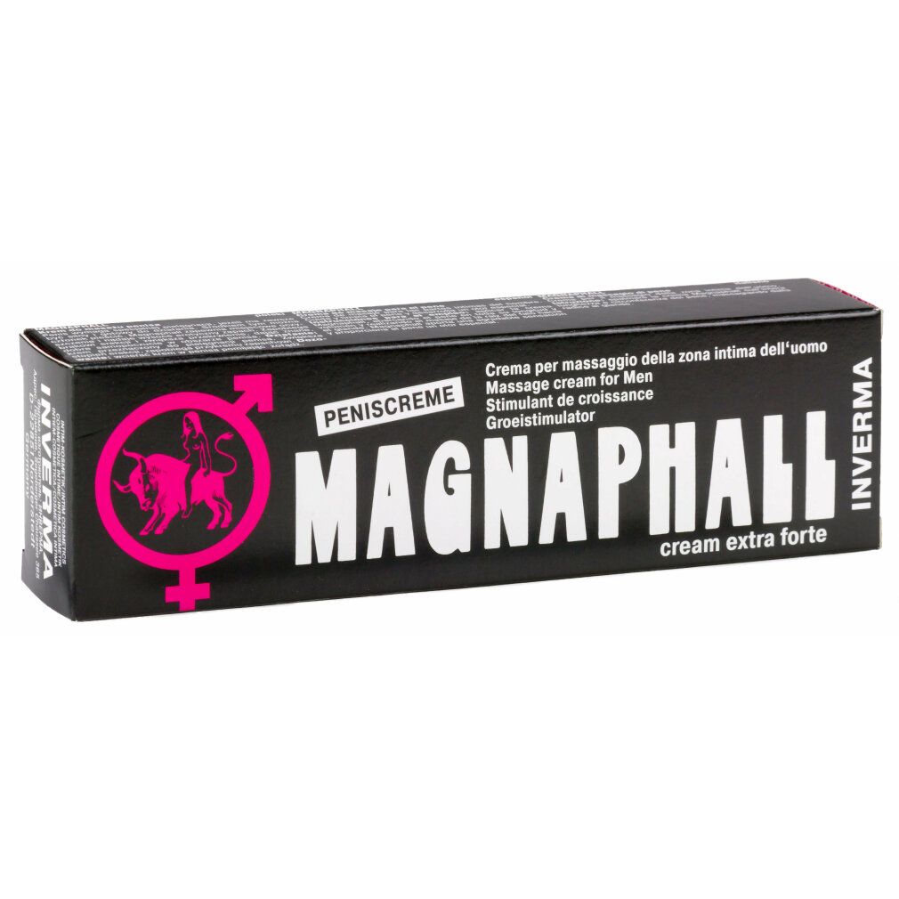 Schwarze Verpackung mit "MAGNAPHALL"-Schriftzug. Pinkes Logo mit Stier und Männlichkeits-Symbol. Text: "cream extra forte".