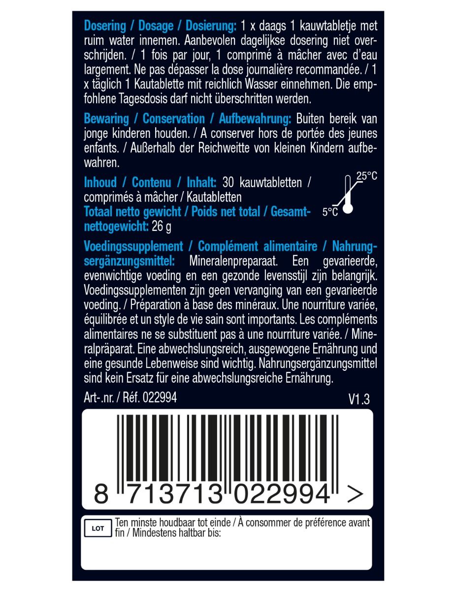 Verpackung mit Dosierungs-, Inhalts- und Anwendungsinformationen. Enthält 30 Kautabletten, Nettogewicht 26 g.
