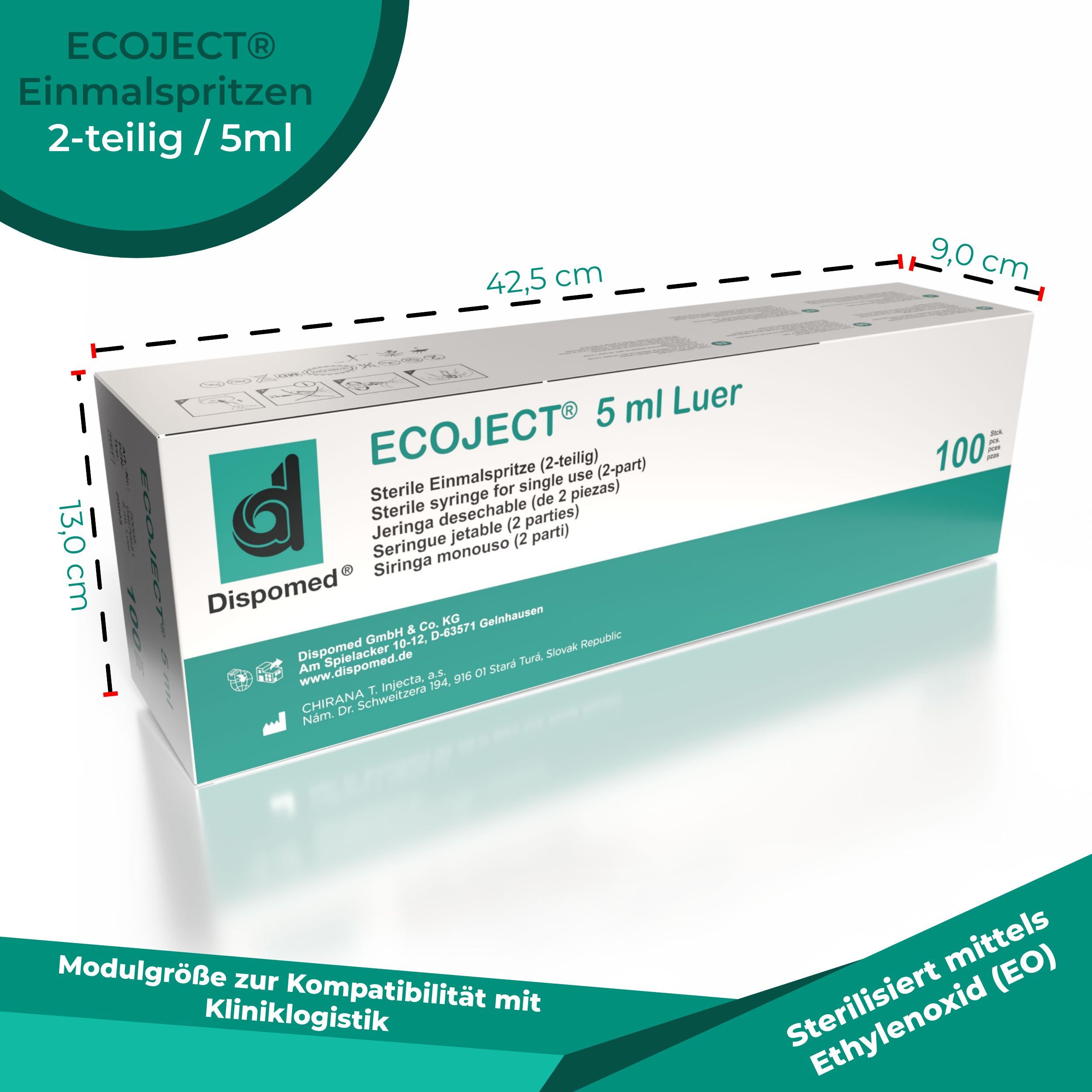 Karton mit Ecoject® 5 ml Einmalspritzen. Maße: 42,5 cm x 13,0 cm x 9,0 cm. Beschriftung: Ecoject® 5 ml Luer, 100 Stück, sterilisiert mit Ethylenoxid.