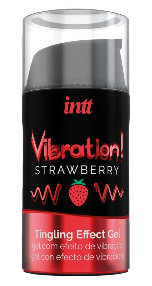 Zylindrische Flasche mit schwarzem Etikett. Produktname: Vibration! Strawberry Tingling Effect Gel. Marke: INTT. Mit Dosierkopf.