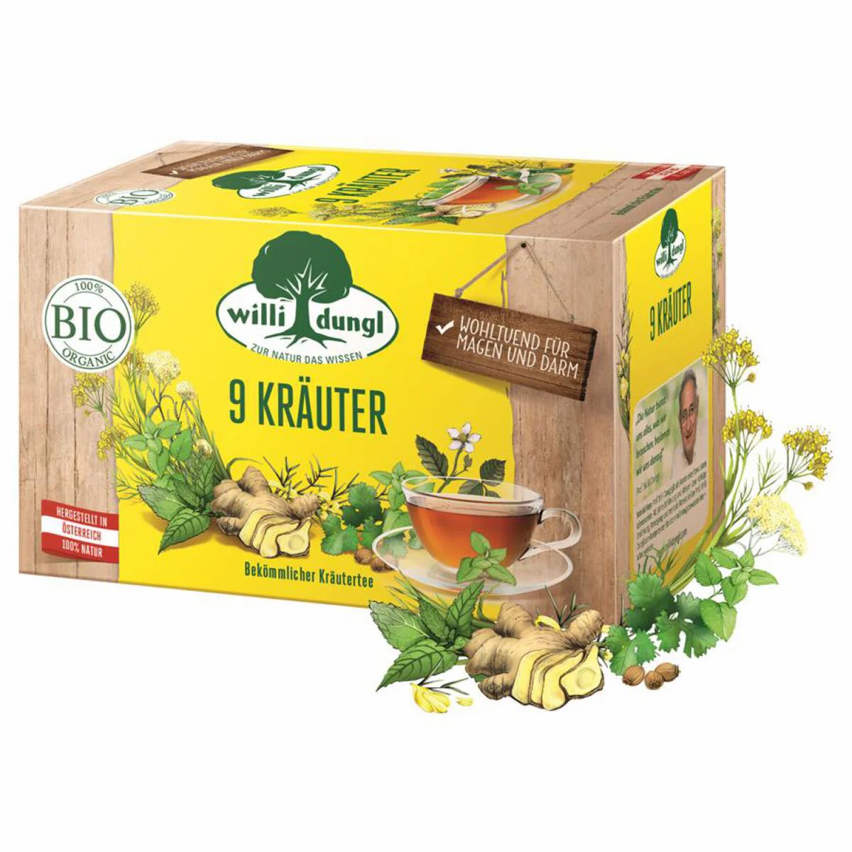Gelbe Kartonverpackung mit Kräutern und einer Tasse Tee. Aufschrift: 9 Kräuter, Bio, glutenfrei. Holzoptik.