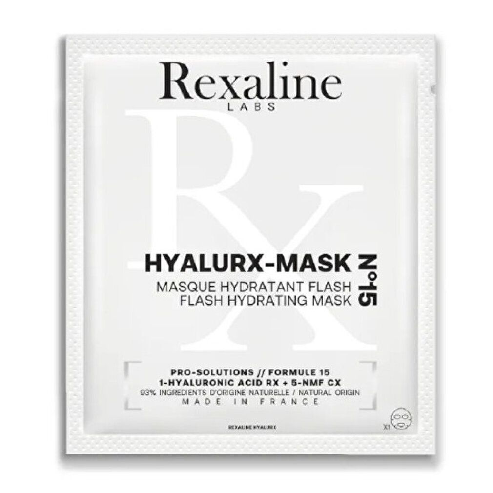 Rexaline Hyalurx-Mask Verpackung: Enthält Hyaluronsäure RX + 5-NMF CX. Hergestellt in Frankreich.