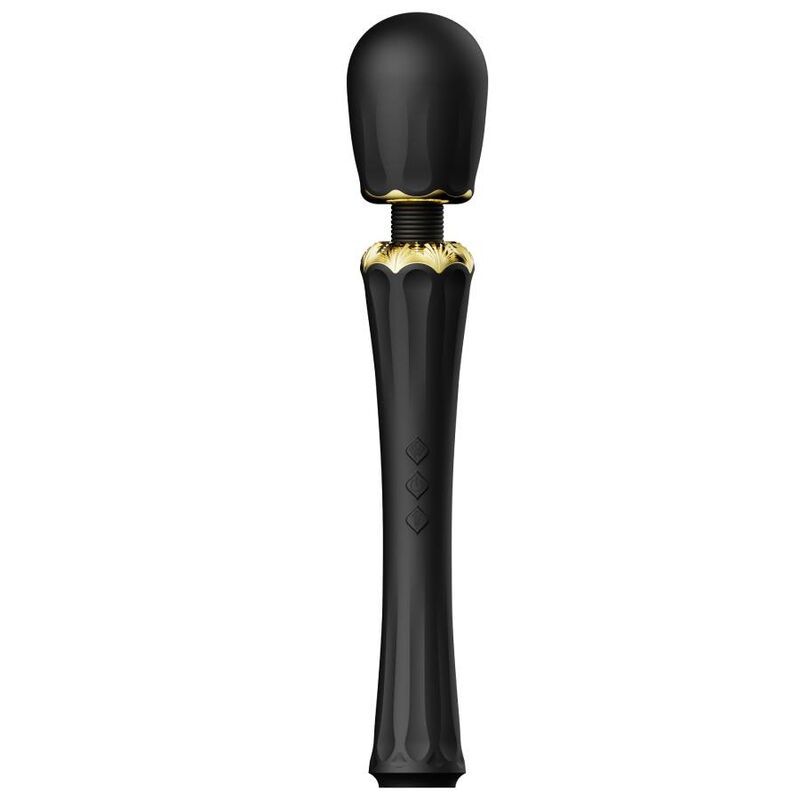 Schwarzer Stabvibrator mit geriffeltem Griff und goldener Halskrause.