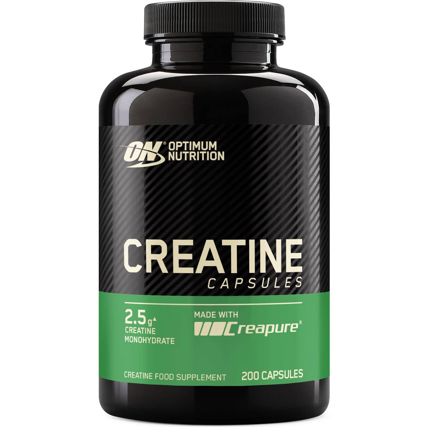Schwarze Flasche mit Kapseln. Aufschrift: Optimum Nutrition, Creatine Capsules, 2.5g Creatine Monohydrate, Creapure, 200 Capsules.