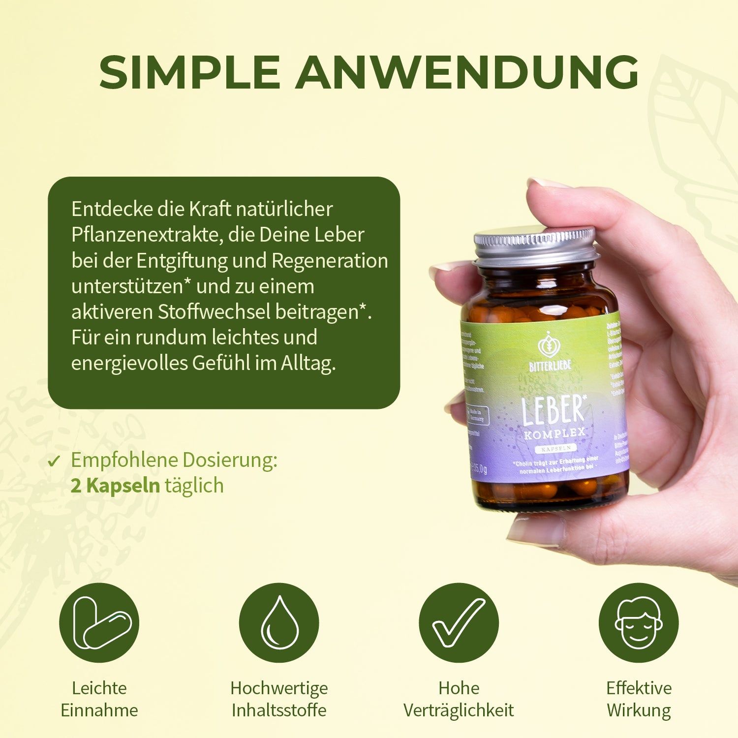 Hand hält eine Flasche Leber Komplex. Empfohlene Dosierung: 2 Kapseln täglich. Symbole für Einnahme, Inhaltsstoffe, Verträglichkeit.