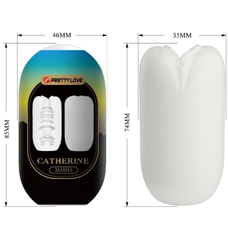 Verpackung (85x46mm) und weißer Masturbator (74mm).