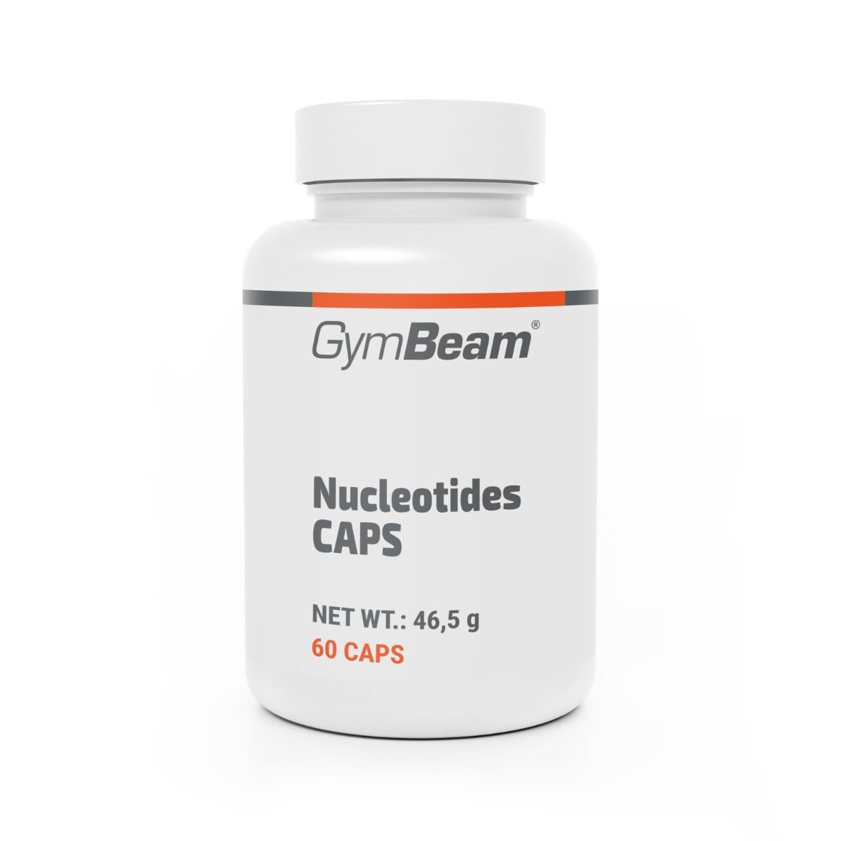 GymBeam Nukleotide Kapseln: Weiße Dose mit orange-grauem Etikett, 60 Kapseln, 46,5 g Netto.