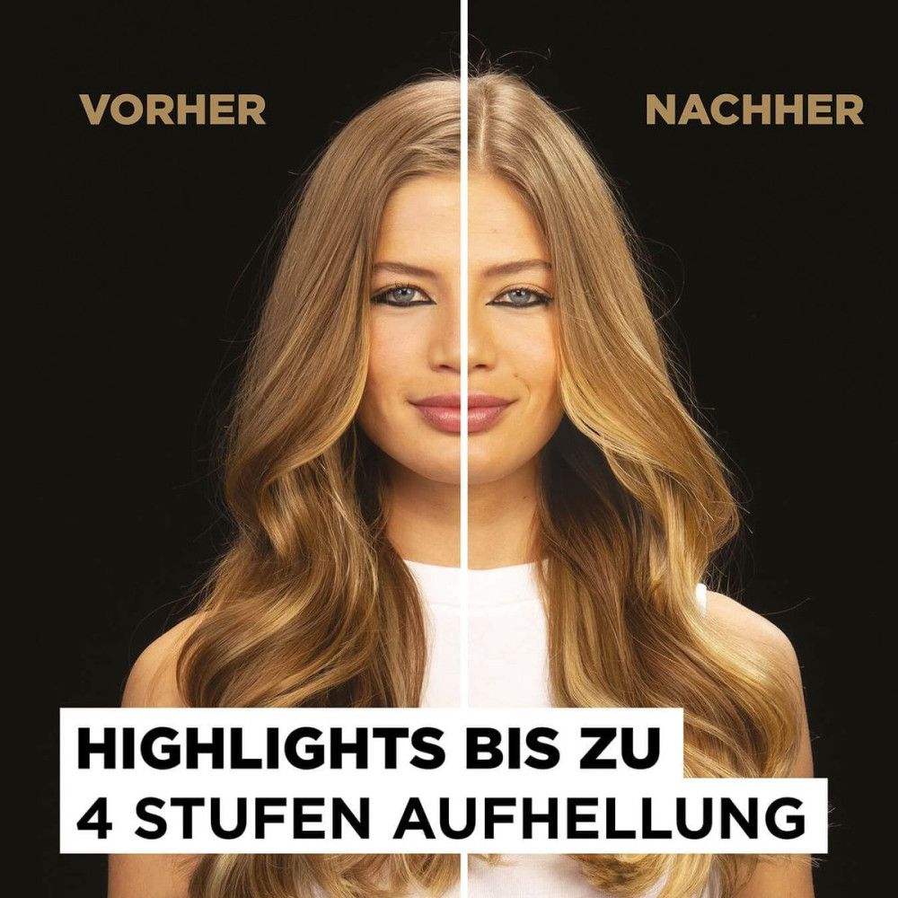 Vorher-Nachher-Vergleich. Frau mit blonden Haaren. Linke Seite: Vorher. Rechte Seite: Nachher. Text: Highlights bis zu 4 Stufen Aufhellung.