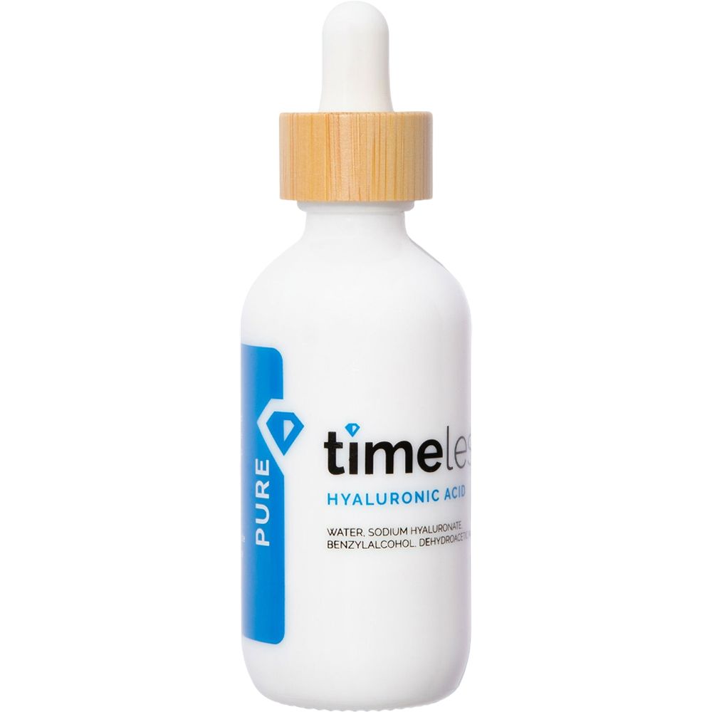 Weiße Flasche mit Holzdeckel und Pipette. Blaue Etiketten mit Text. Produktname und Inhaltsstoffe sind sichtbar.